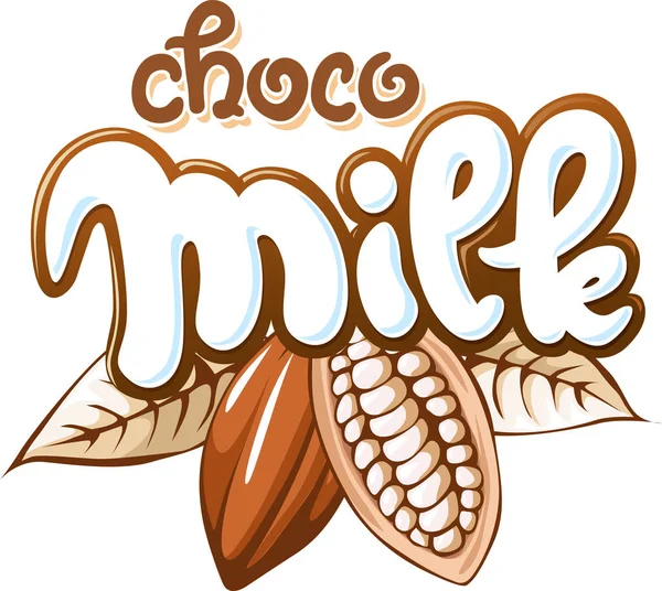Ilustración de vectores de texto de leche, chocolate y granos de cacao — Archivo Imágenes Vectoriales