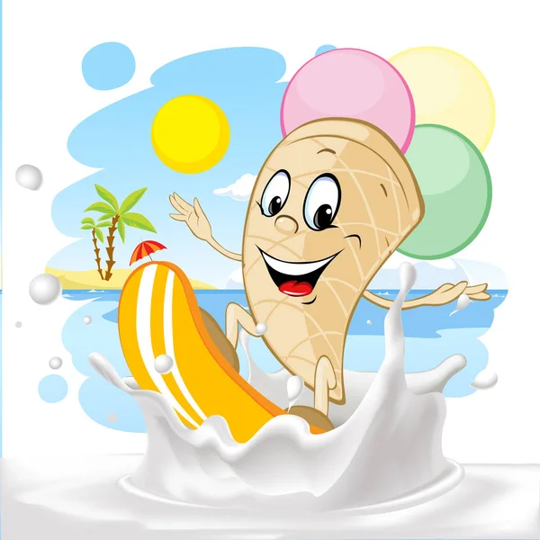 Cute ice cream cartoon surfing on milk splash, summer beach background - vector illustration — Stock Vector