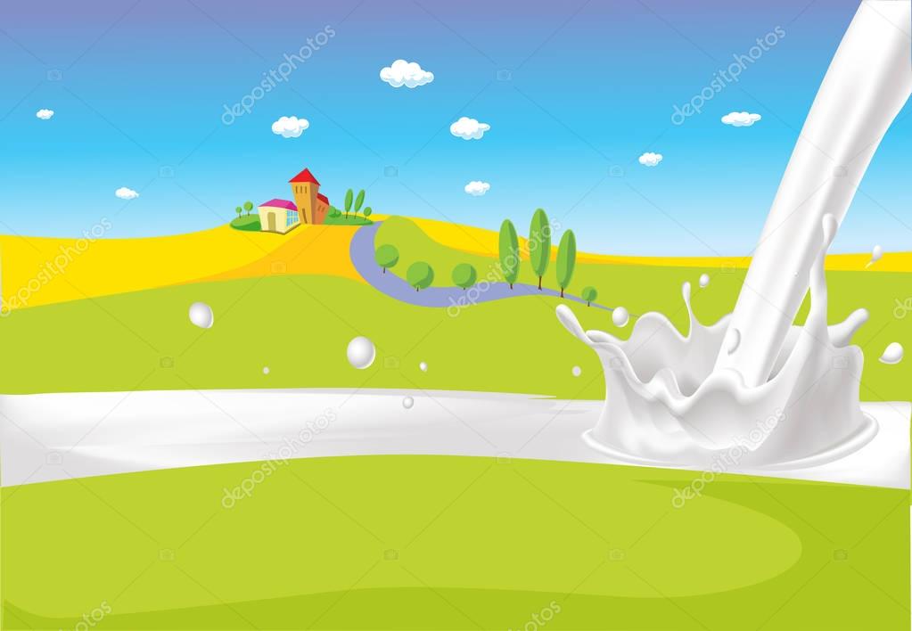 Landscape with milk river - vector illustration milk splash