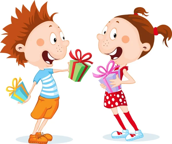 Çocuk - çocuk ve kız paketini açmak beyaz - vektör illüstrasyon izole hediyeler