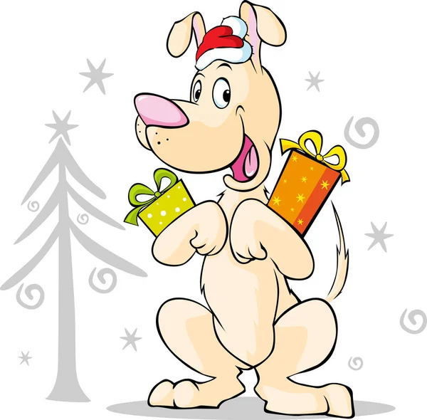Cool dog with xmas gift and santa hat - векторная иллюстрация — стоковый вектор
