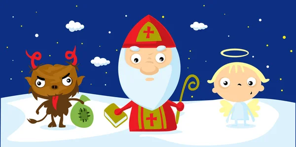 Διάβολος Άγγελος saint nicolas δροσερό κινουμένων σχεδίων στο χιόνι — Διανυσματικό Αρχείο