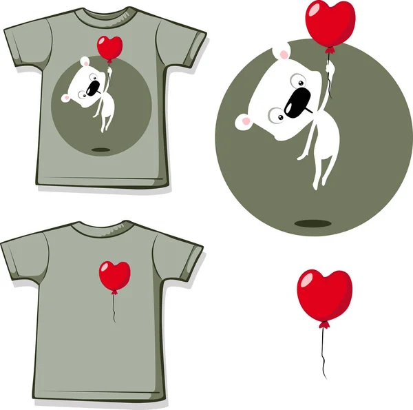 Grappige Valentijn shirt afdrukken met hart ballon en witte polar teddybeer platte ontwerp vector — Stockvector
