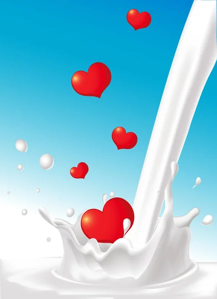 Stříkající mléko nalijte mléko padající srdce design - láska vektorové ilustrace — Stockový vektor