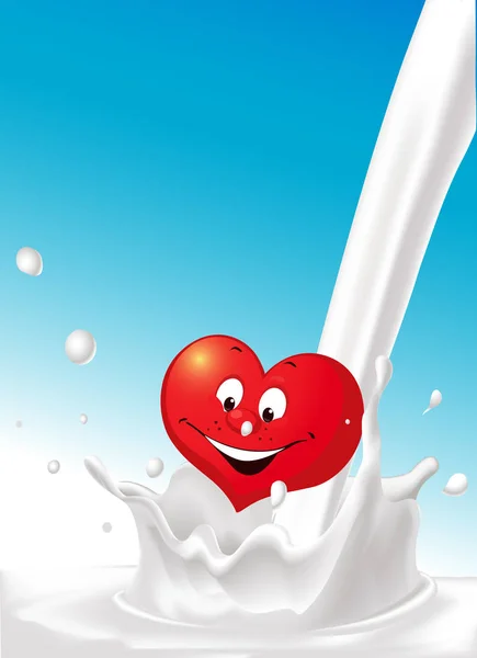 Salpicadura de leche vierta la leche amor corazón diseño de dibujos animados - vector de ilustración — Archivo Imágenes Vectoriales