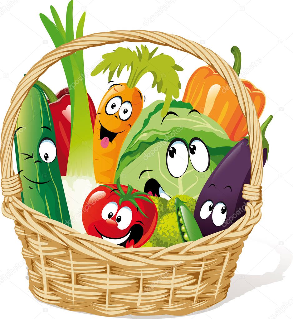 Basket full of vegetable character cartoon - funny vector design