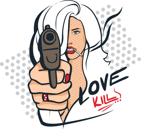 Mujer sexy con pistola y cigarrillos - ilustración de vectores de diseño de arte pop — Archivo Imágenes Vectoriales