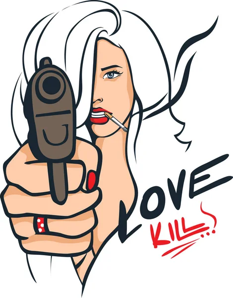 Donna sexy con una pistola che ti punta dritto contro - L'amore uccide - Illustrazione vettoriale Popart — Vettoriale Stock