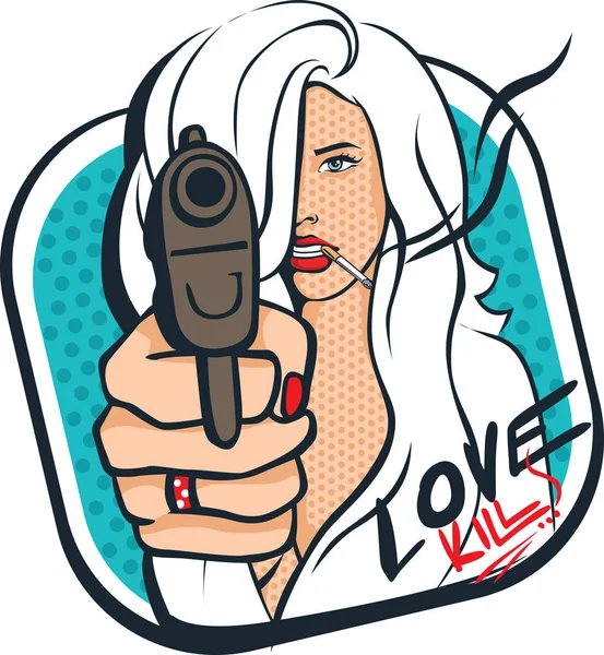 Sexig kvinna med pistol och cigaretter - pop art design — Stock vektor