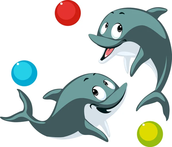 Dolphin Playing Ball Cartoon Flat Design Vector Illustration Isolated Whit — Stock Vector