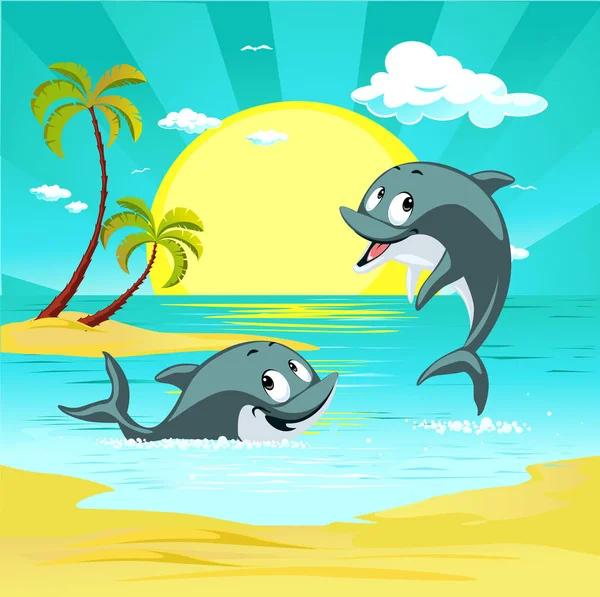 Paisaje de destino de vacaciones tropicales con lindo personaje de delfín jugando ilustración vectorial — Archivo Imágenes Vectoriales