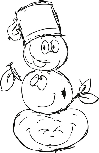 Apple Snowmanキャラクターかわいいフルーツ漫画スケッチ Appleから構築された雪だるま ベクトルイラスト — ストックベクタ