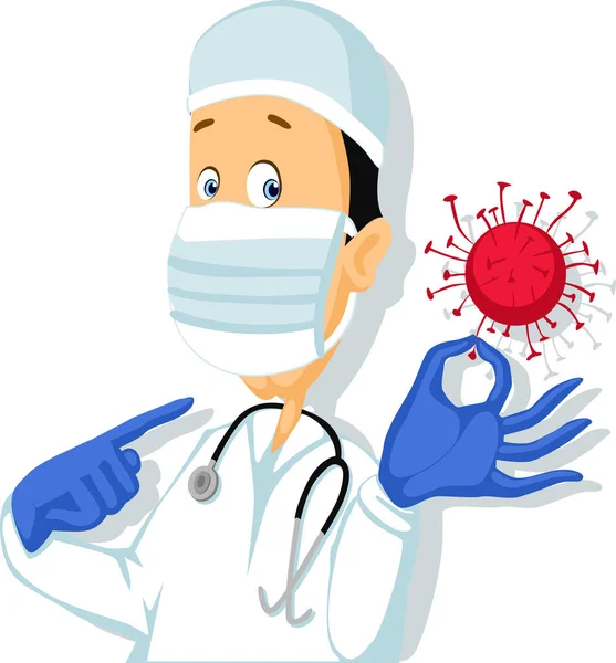 Doctor Protective Suit Holding Virus Hand Flat Design Vector Character — Stock Vector