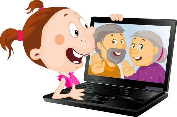 Fille Avec Ordinateur Portable Skype Avec Ses Vieux Grands Parents — Image vectorielle