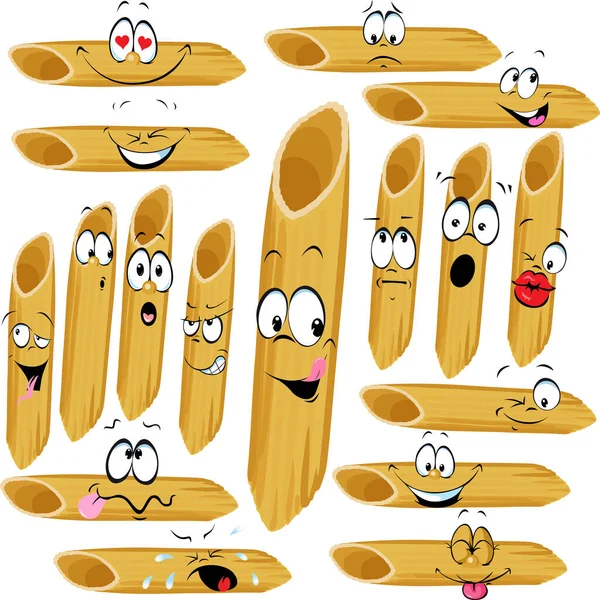 Funny Penne Pasta Cartoon Character Many Facial Expressions Vector Illustration — Stock Vector