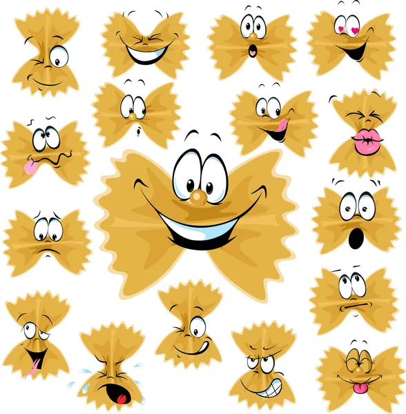 Αστεία Farfalle Pasta Cartoon Character Πολλές Εκφράσεις Προσώπου Vector Illustration — Διανυσματικό Αρχείο