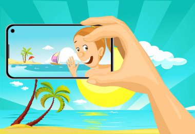 Plajdaki Tropikal Tatil 'den Mobil Telefonlu Genç Kadın Selfie Çekiyor - Arkaplan Resimli Vektör