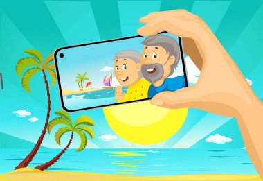 Plajdaki Tropikal Tatil 'den Mobil Telefonlu Kıdemli Çift Özçekim Fotoğrafı Yapıyor - Arkaplanlı Vektör Resimleri