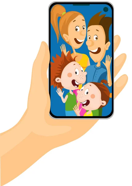 Hovor Pro Celou Rodinu Mobilní Telefon Ruce Vektorové Ilustrace — Stockový vektor