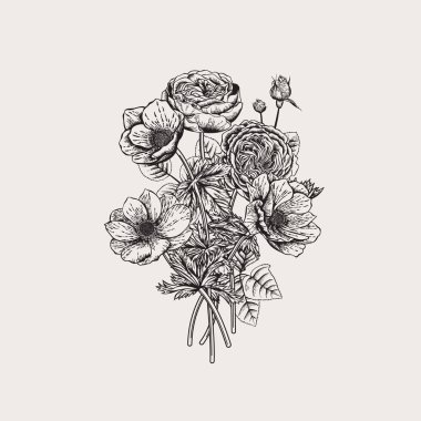 Çiçek buketi. Düğün kartı. Vektör Illustration