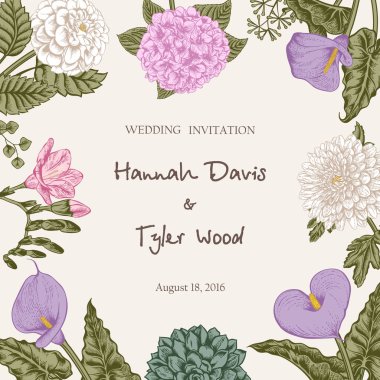 Çiçek buketi. Düğün kartı. Vektör Illustration.