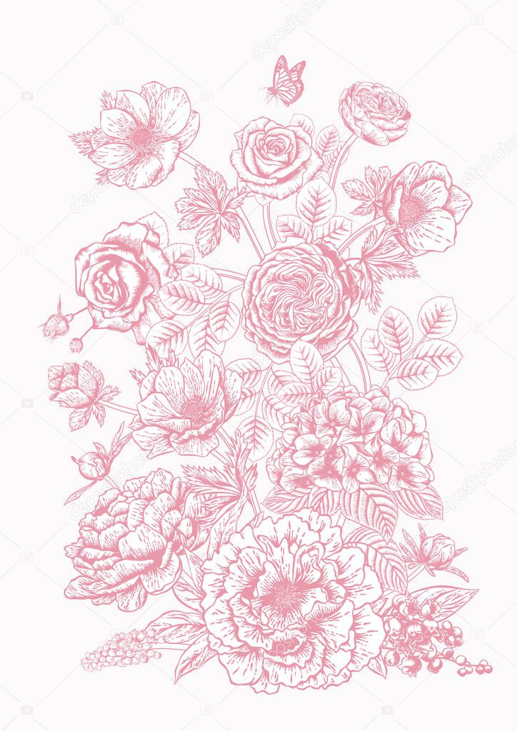 Bouquet of flowers. Wedding card. Vector illustration.