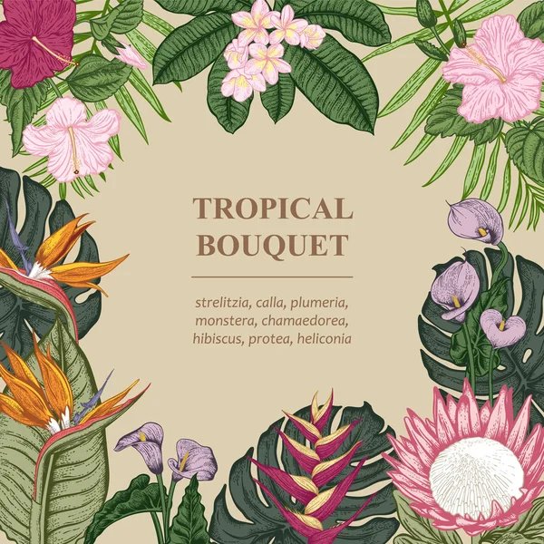Kytice Tropických Květin Květinový Rám Vektorová Ilustrace — Stockový vektor