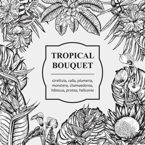 Bukiet Tropikalnych Kwiatów Kwiatowa Ramka Ilustracja Wektora — Wektor stockowy