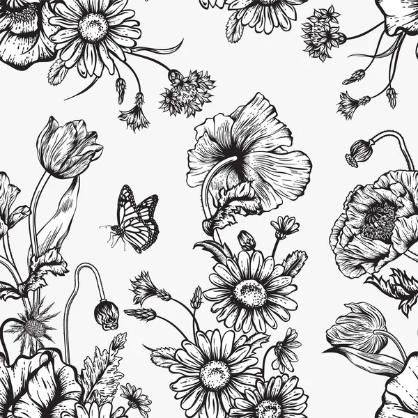 Patrón Sin Costuras Con Flores Ilustración Vectorial — Archivo Imágenes Vectoriales
