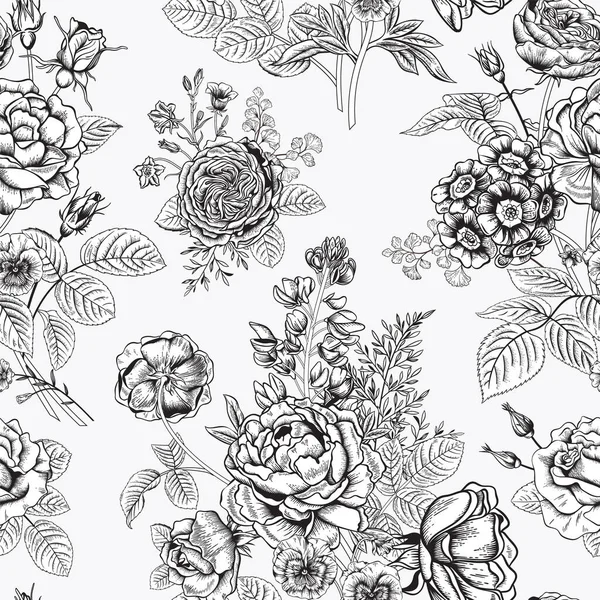 Patrón Sin Costuras Con Flores Jardín Floreciente Ilustración Vectorial — Archivo Imágenes Vectoriales