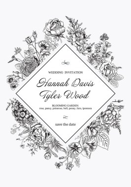 Çiçeklerle çerçevelenmiş. Çiçek açan bahçe. Vektör illüstrasyonu.