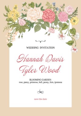 Çiçeklerle çerçevelenmiş. Çiçek açan bahçe. Vektör illüstrasyonu.