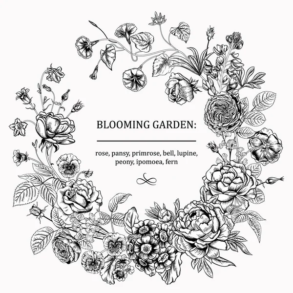 花のフレーム 開花する庭 ベクターイラスト — ストックベクタ