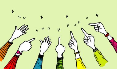 Eller yukarı, anlaştık mı? Alkışlayın. Başparmak yukarı. El çırpma. Alkış jestleri. İş için tebrik ederim. Çizgi film tarzı. karalama vektörü illüstrasyonu