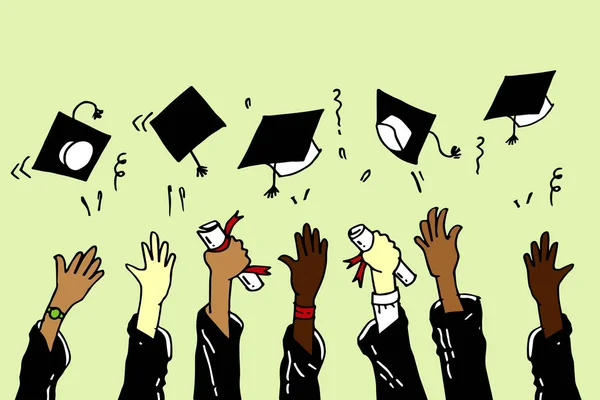 Doodle Mains Vers Haut Graduation Caps Jeté Dans Air Illustration — Image vectorielle