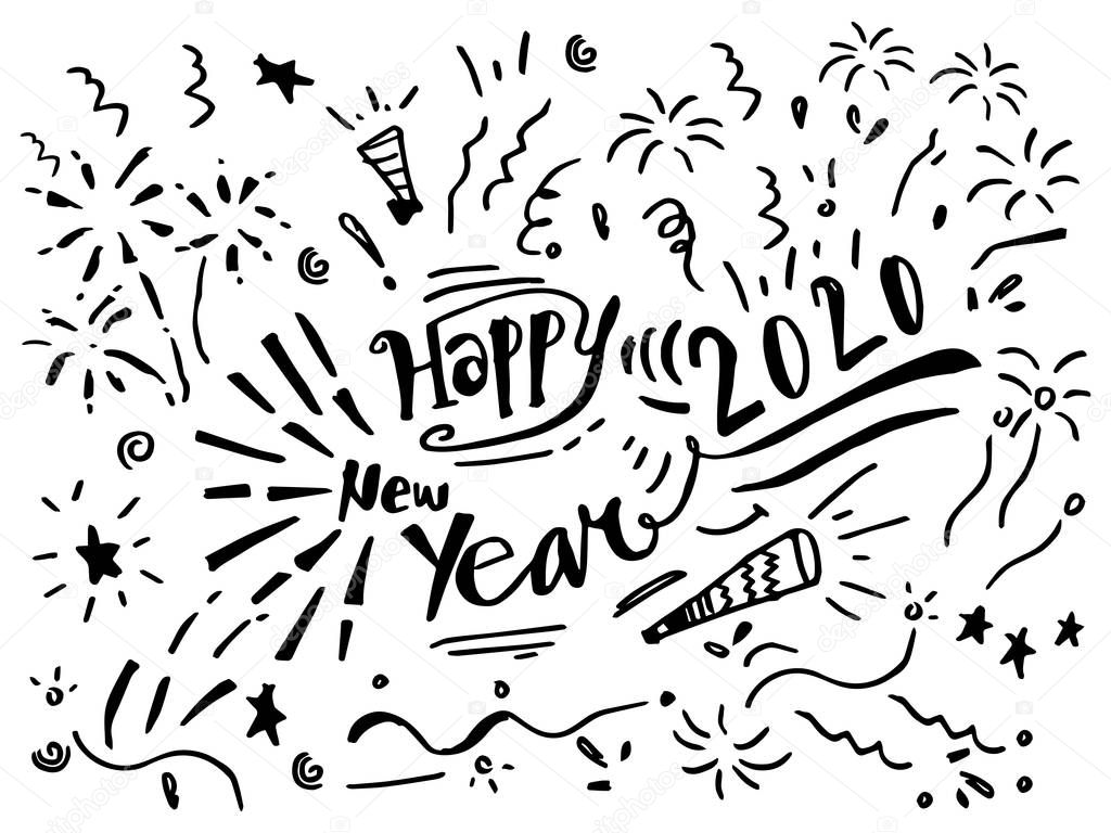 hand drawn doodles. Happy New Year 2020 Text Graphic Design. isolated on a white background