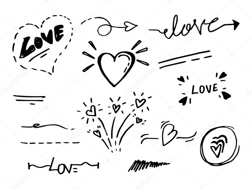 Vector hand drawn collection of design element. love theme, curly swishes, swoops, swirl, arrow, heart, crown, leaf, star, sun burst, firework, highlight text and emphasis element