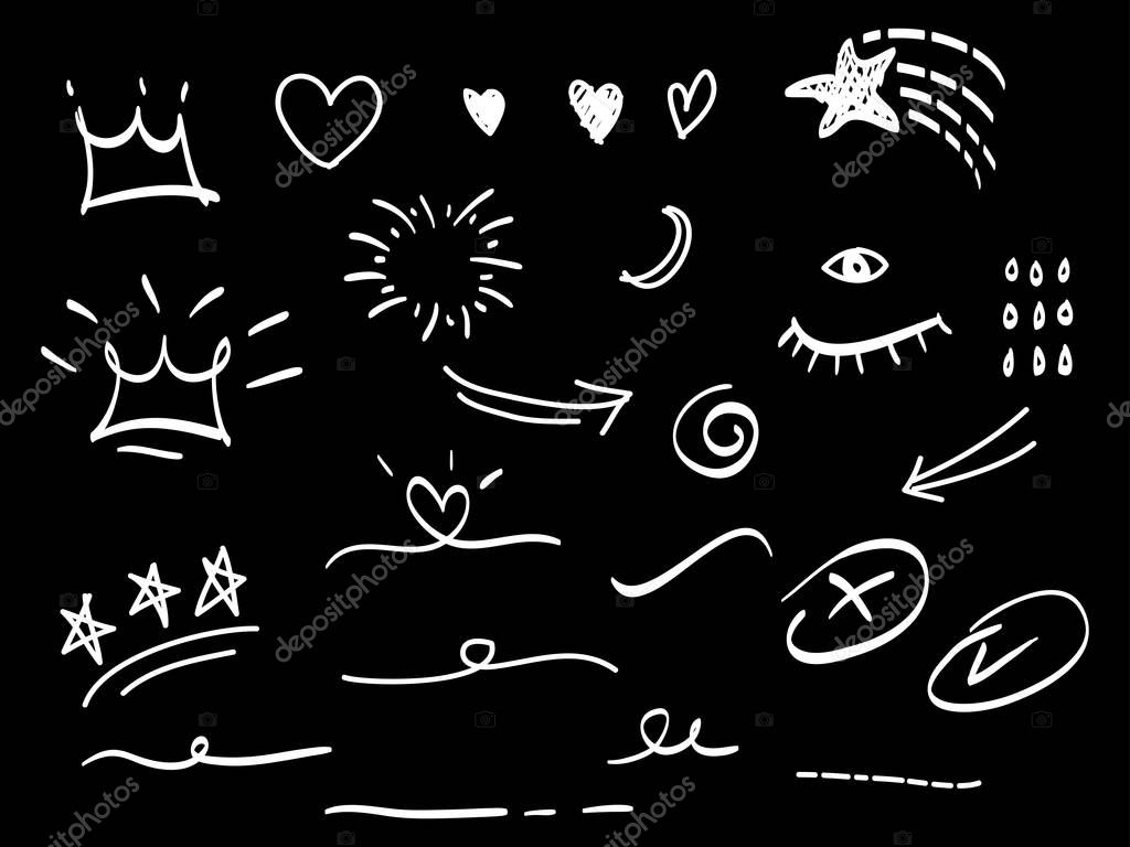 Hand drawn set of abstract doodle elements. use for concept design. isolated on black background. vector illustration