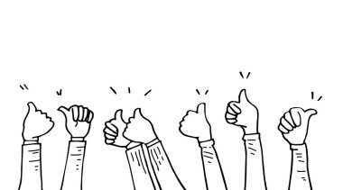 El ele tutuşup alkışlıyoruz. Alkış, başparmak işareti karalama tarzı, vektör illüstrasyonu