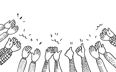 El ele tutuşup alkışlıyoruz. Alkış, başparmak işareti karalama tarzı, vektör illüstrasyonu