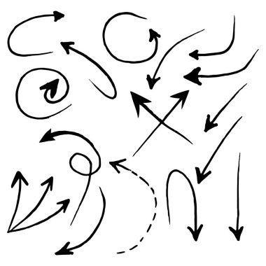 Vektör el çizilmiş oklar ayarlandı. beyaz arkaplanda izole edilmiş