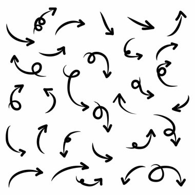 El çizimi Oklar simgeleri ayarlandı. Çeşitli yönlerde ok simgesi. Doodle vektör çizimi. beyaz arkaplanda izole edilmiş.