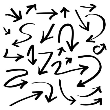 El çizimi Oklar simgeleri ayarlandı. Çeşitli yönlerde ok simgesi. Doodle vektör çizimi. beyaz arkaplanda izole edilmiş