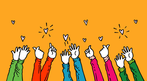 руки вверх аплодисменты руки рисовать. мультяшный стиль со смешными цветами. векторная иллюстрация
