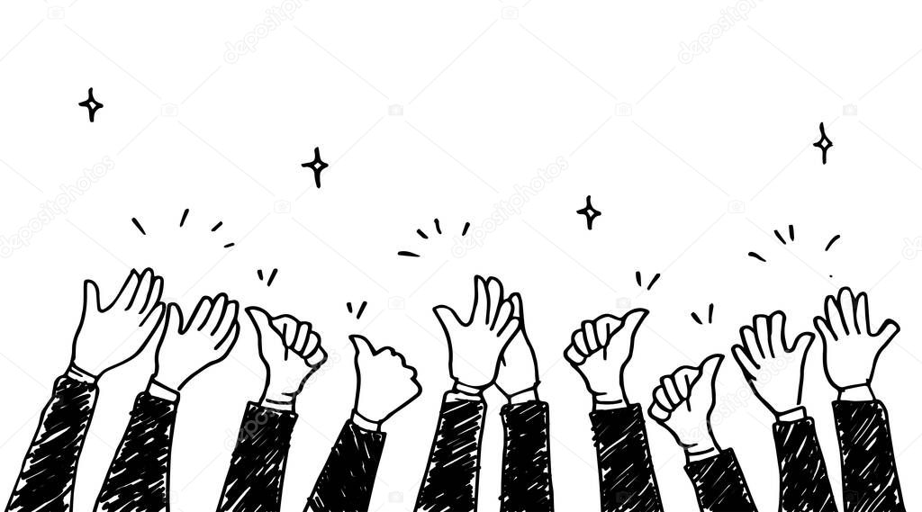 hand drawn of hands clapping ovation. applause, thumbs up gesture on doodle style , vector illustration