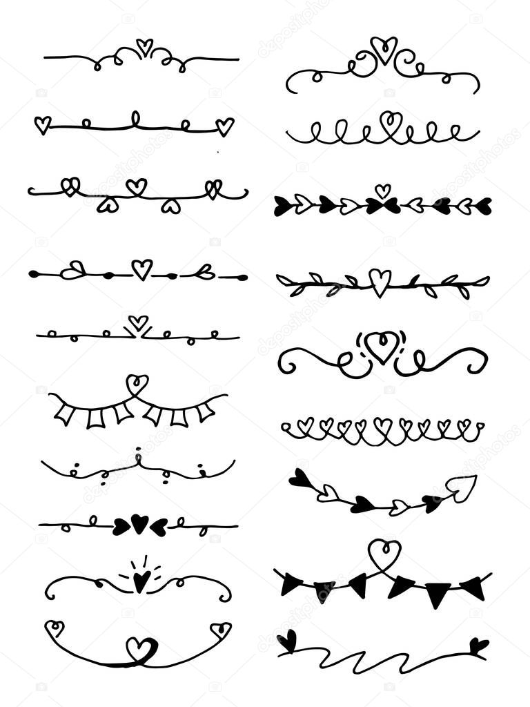 Hand drawn vector borders leaf and heart, dividers. Lines and laurels set. Doodle design elements