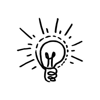 Karalama el, fikir kavramına sahip ampul ikonu çizdi. Çözüm. Beyaz arka planda izole edilmiş. vektör illüstrasyonu