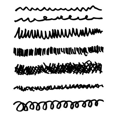 Elle çizilmiş karalamalar, çizgi kenarlıkları, çizim vuruşları ve beyaz üzerine izole tasarım elementleri