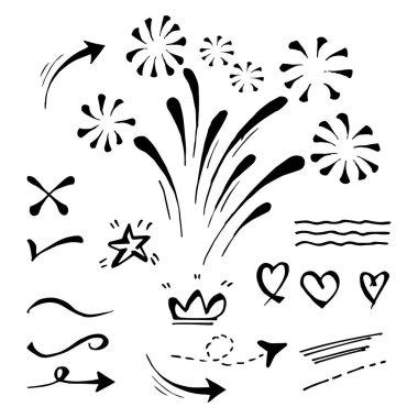 Tasarım elemanının vektör el çizimi koleksiyonu. Kıvırcık kıvrılır, fırlar, girdap, ok, kalp, aşk, taç, çiçek, yıldız, havai fişek, parlak yazı ve vurgu elementi. kavram tasarımı için kullan