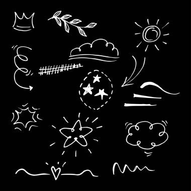 Tasarım elemanının vektör el çizimi koleksiyonu. Kıvırcık kıvrılır, fırlar, girdap, ok, kalp, aşk, taç, çiçek, yıldız, yıldız patlaması, havai fişek, vurgulama metni ve vurgu elementi. kavram tasarımı için kullan